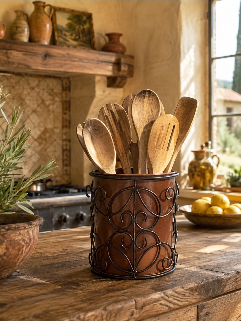 Vintage Y2K Southern Living Estate Iron Tuscan Kitchen Utensil Caddy Old World